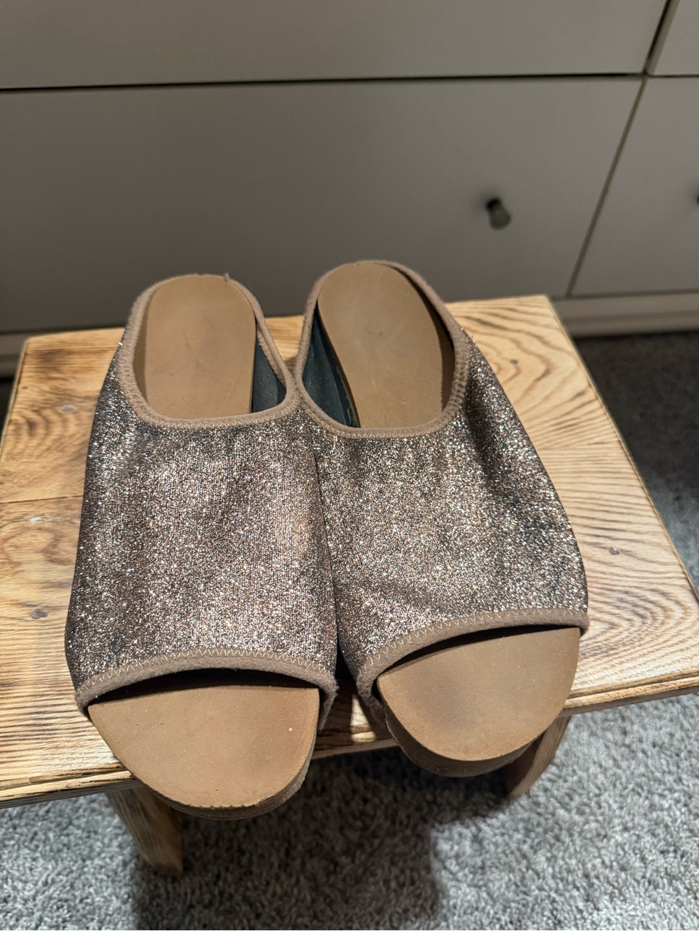 Volatile Glitter Open-Toe Slide Sandals in Taupe